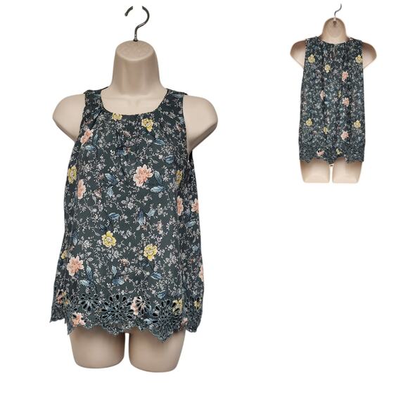Loft Pleated Lace Hem Floral Multicolor Green Sleeveless Top Blouse Size XS - Picture 1 of 8